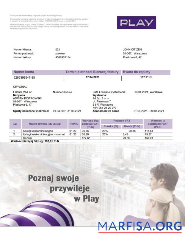 Downloadable Poland Play utility bill template in Word and PDF format, fully editable